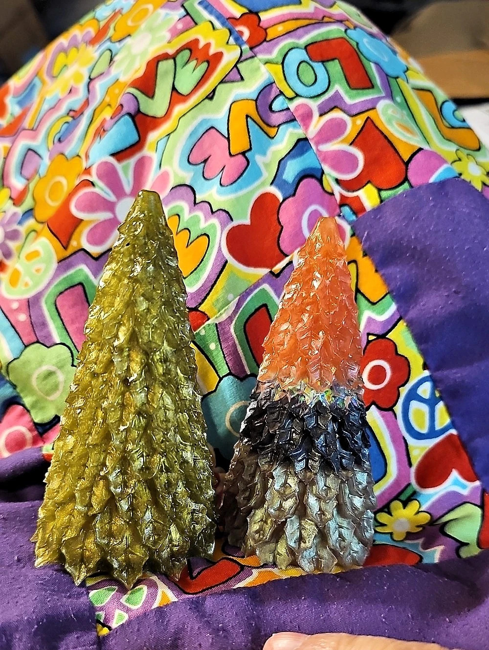 2 Resin Textured Holiday Trees 4" Tall Green Orange Purple Yellow